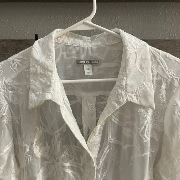 Dana Buchman Sheer Button Up Blouse Embroidered Top White Ivory XL - Picture 10 of 16